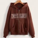 Letter Graphic Drop Shoulder Zip Up Hooded Sweatshirt