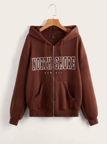 Letter Graphic Drop Shoulder Zip Up Hooded Sweatshirt