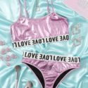 Letter Graphic Holographic Lingerie Set