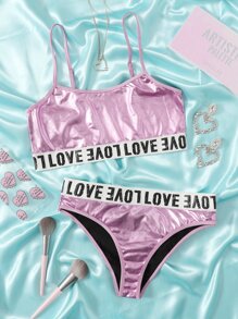 Letter Graphic Holographic Lingerie Set