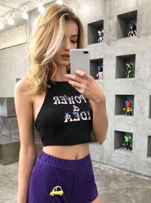 Letter Graphic Knotted Halter Top