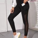 Letter Graphic Tape Contrast Mesh Leggings