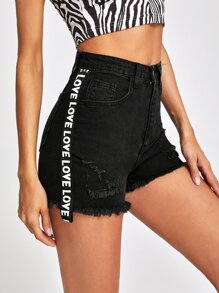 Letter Graphic Tape Side Raw Hem Ripped Denim Shorts