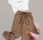 Letter Graphic Tee With Drawstring Waist Cargo Pants