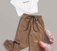Letter Graphic Tee With Drawstring Waist Cargo Pants