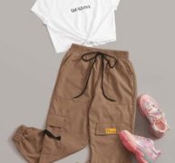Letter Graphic Tee With Drawstring Waist Cargo Pants