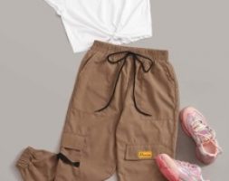 Letter Graphic Tee With Drawstring Waist Cargo Pants