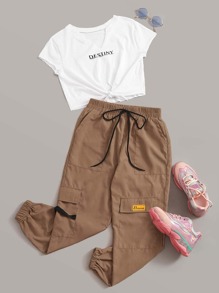 Letter Graphic Tee With Drawstring Waist Cargo Pants