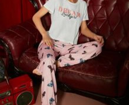 Letter Graphic Tee & Butterfly Print Pants PJ Set