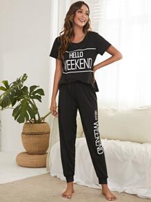 Letter Graphic Tee & Pants PJ Set