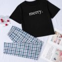 Letter Graphic Tee & Plaid Pants Pajama Set