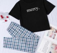 Letter Graphic Tee & Plaid Pants Pajama Set