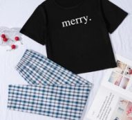 Letter Graphic Tee & Plaid Pants Pajama Set