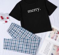 Letter Graphic Tee & Plaid Pants Pajama Set