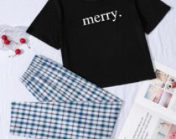 Letter Graphic Tee & Plaid Pants Pajama Set