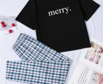 Letter Graphic Tee & Plaid Pants Pajama Set