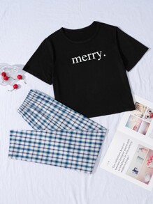 Letter Graphic Tee & Plaid Pants Pajama Set