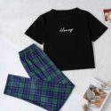 Letter Graphic Tee & Plaid Pants Pajama Set