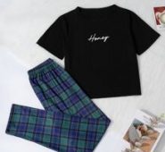 Letter Graphic Tee & Plaid Pants Pajama Set