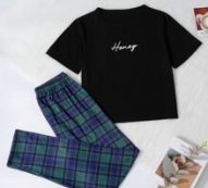 Letter Graphic Tee & Plaid Pants Pajama Set