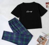 Letter Graphic Tee & Plaid Pants Pajama Set