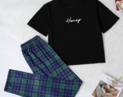 Letter Graphic Tee & Plaid Pants Pajama Set