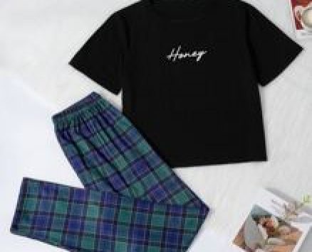 Letter Graphic Tee & Plaid Pants Pajama Set
