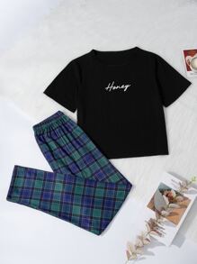 Letter Graphic Tee & Plaid Pants Pajama Set