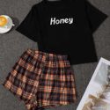 Letter Graphic Tee & Plaid Shorts Pajama Set