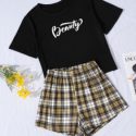 Letter Graphic Tee & Tartan Shorts Pajama Set