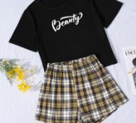 Letter Graphic Tee & Tartan Shorts Pajama Set