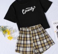 Letter Graphic Tee & Tartan Shorts Pajama Set