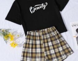 Letter Graphic Tee & Tartan Shorts Pajama Set
