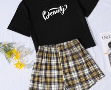 Letter Graphic Tee & Tartan Shorts Pajama Set