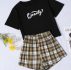 Letter Graphic Tee & Tartan Shorts Pajama Set