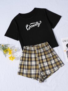 Letter Graphic Tee & Tartan Shorts Pajama Set