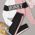 Letter Graphic Tee and Contrast Sideseam Leggings Set