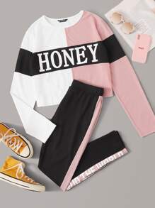 Letter Graphic Tee and Contrast Sideseam Leggings Set