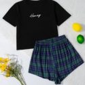 Letter Graphic Tee and Plaid Shorts PJ Set