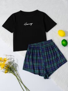 Letter Graphic Tee and Plaid Shorts PJ Set