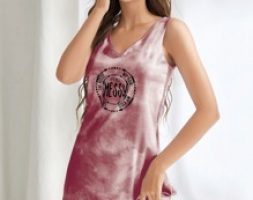 Letter Graphic Tie Dye Lettuce Trim Hem Night Dress