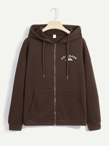 Letter Graphic Zip Up Drawstring Hoodie