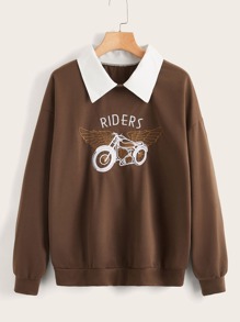 Letter Motorcycle Embroidery Contrast Collar Sweatshirt