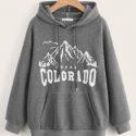 Letter Mountain Graphic Pocket Drawstring Hoodie