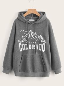 Letter Mountain Graphic Pocket Drawstring Hoodie