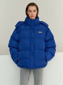 Letter Patched Hooded Puffer Coat