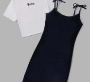 Letter Print Tee & Solid Knot Cami Top