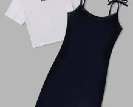 Letter Print Tee & Solid Knot Cami Top