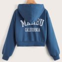 Letter Print Zip Up Drawstring Hoodie