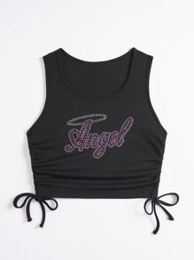 Letter Rhinestone Drawstring Ruched Tank Top